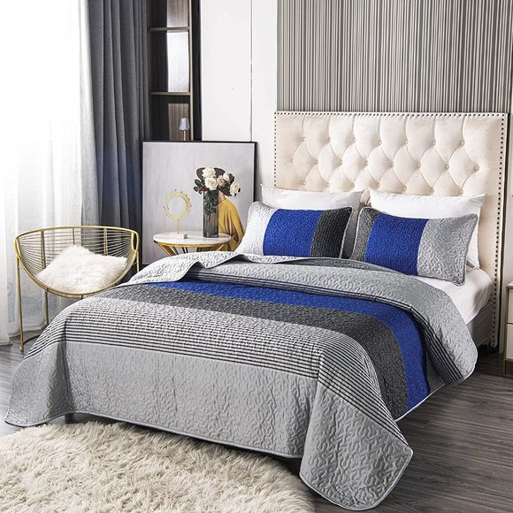 - New 3 Pieces Blue Striped Alternative  Quilted Bedding Set,1 Quilt + 2… - Picture 1 of 10